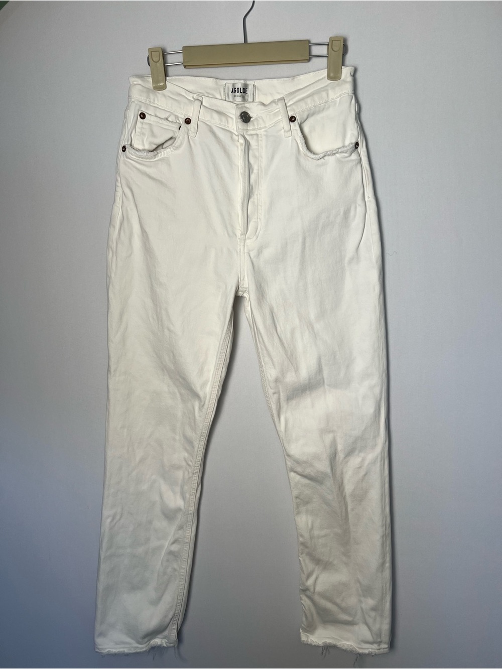 Agolde Riley Long High Rise Straight Leg Jeans Button Fly White Cream Size 28